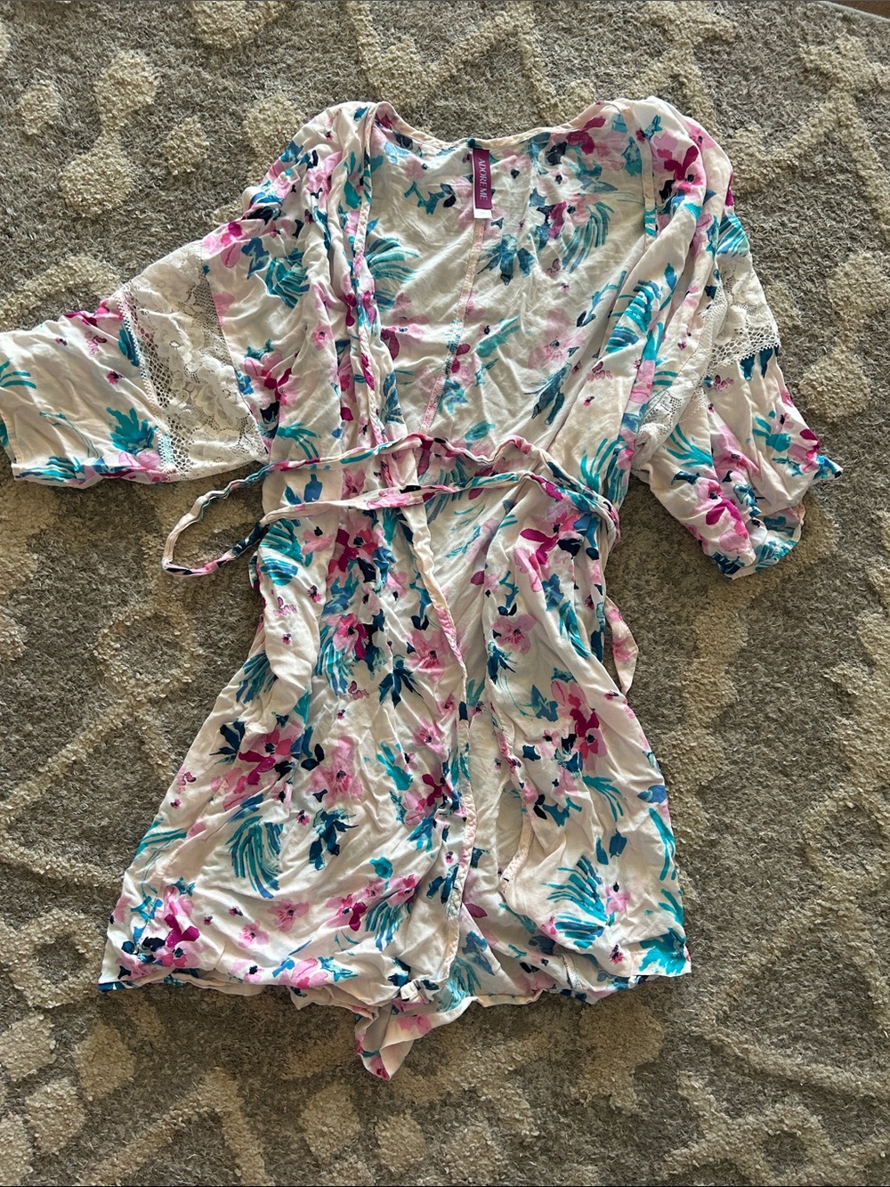 Floral Tie-Waist Robe in Pink & Teal